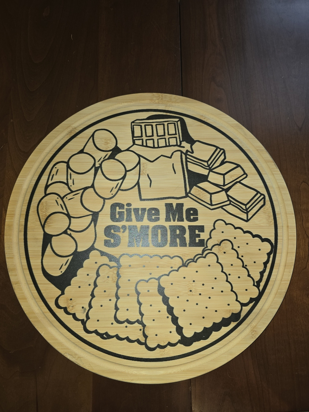 Round Bamboo S'Mores Serving Tray with Graphic, "Give Me S'more", EUC